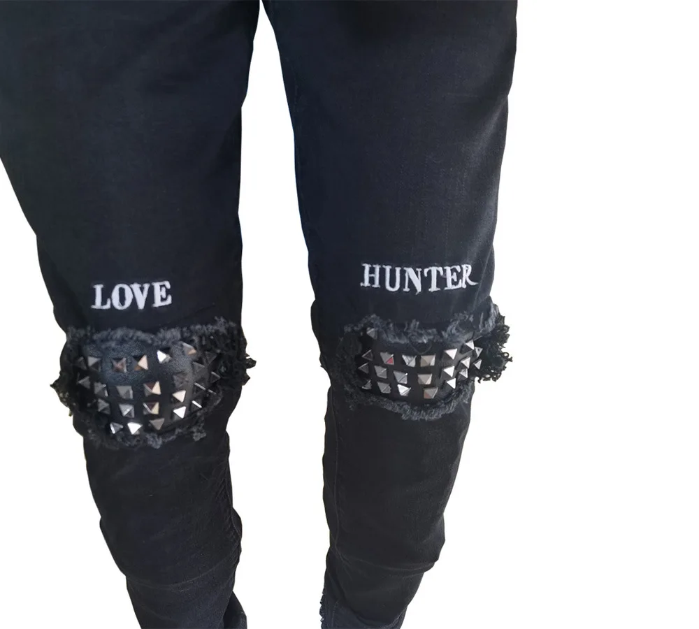 Fashion Ripped Retro Rivet Men'S Jeans Elastic Men'S Jeans Size 29-36 Slim Fit Pants High Street Wear Black Pencil Jeans For Men