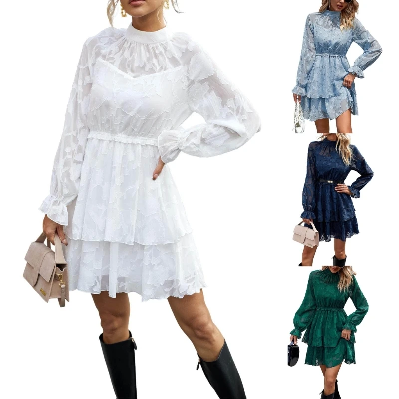 

Stylish Fall Tiered Mini Dress with Lace and Decor, Long Sleeve Party Dresses Sexy Jacquard Dress for Women Dropship