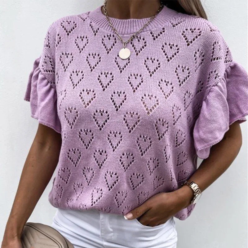 

Women's Knit Tshirt Heart Hollow Out Solid Ladies Tshirts Short Ruffles Patal Sleeve Loose 2021 Elegant Spring Summer Casual Top