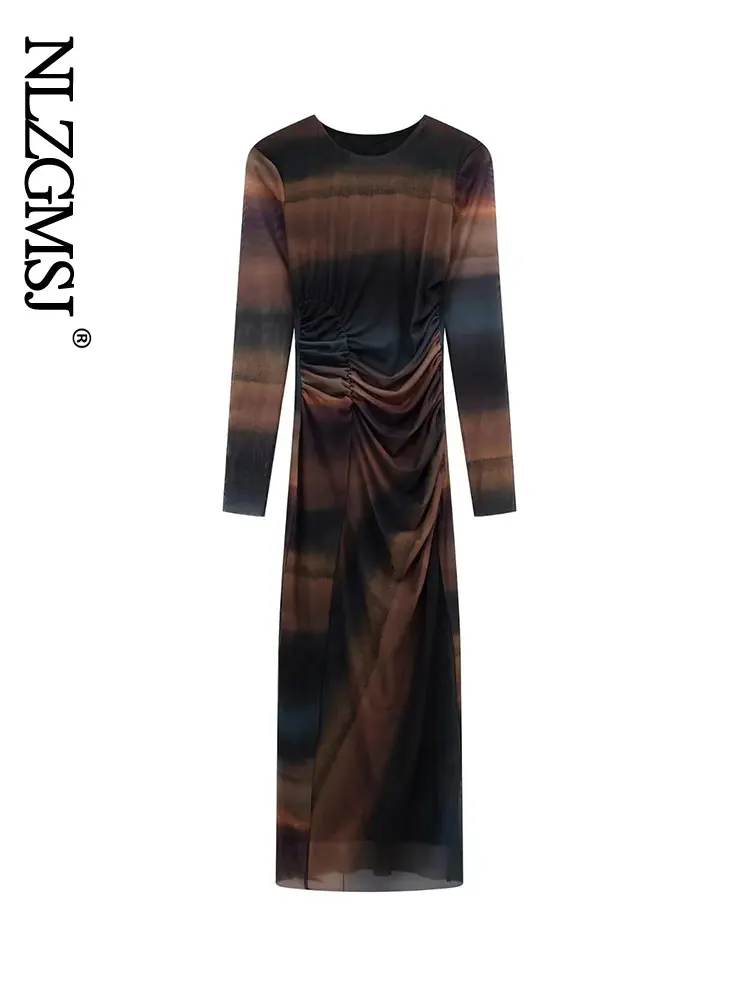 

Nlzgmsj Lady Spring Vintage Print O Neck Long Sleeve Dress Fall Elegant Casual Office Women Dress Casual Loose Long Dresses