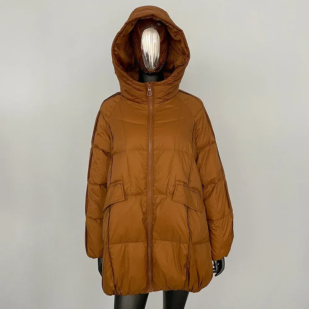 Женский пуховик с капюшоном свободная теплая куртка на белом утином пуху осень и