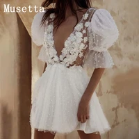 boho beach mini wedding dress lantern sleeve lace applique tulle v neck bridal gowns beading backless a line real photo