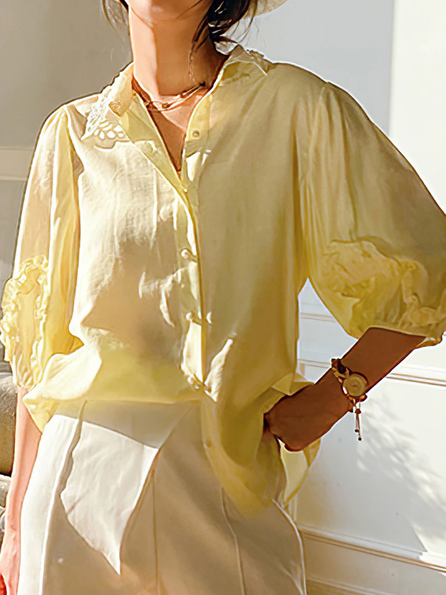 

Ruffles Embroidery Shirt Elegant Women Lantern Sleeve Turn-down Collar Blouses Summer Vintage Casual femme cehmises ete Tops