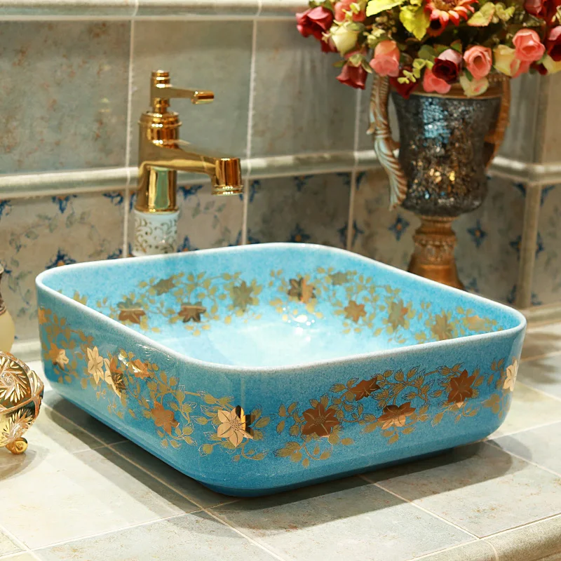 

Home decor flower painted wash gold pattern ceramic art basin square bathroom sink blue