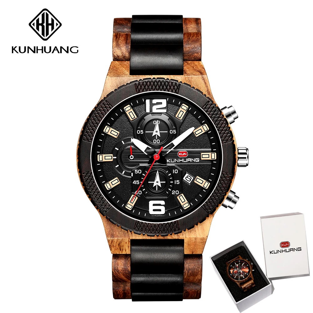 

KUNHUANG Mens Wooden Watches Multifunction Wood Watch for Men Three Sub-dial Date Display Analog Quartz Movement Wristwatch