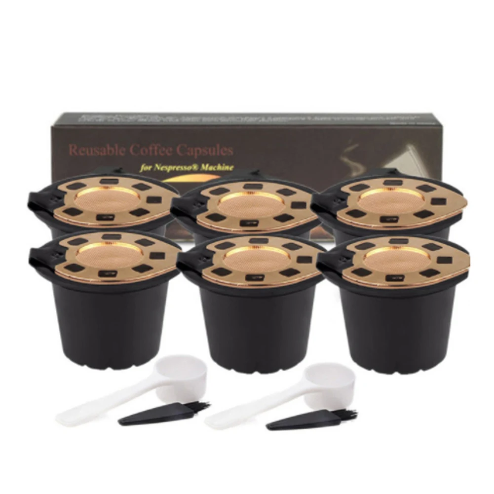 

6PCS Reusable Coffee Capsules Cups With Spoon Brush Black Refillable Coffee Capsule Refilling Filters Coffeeware Gift