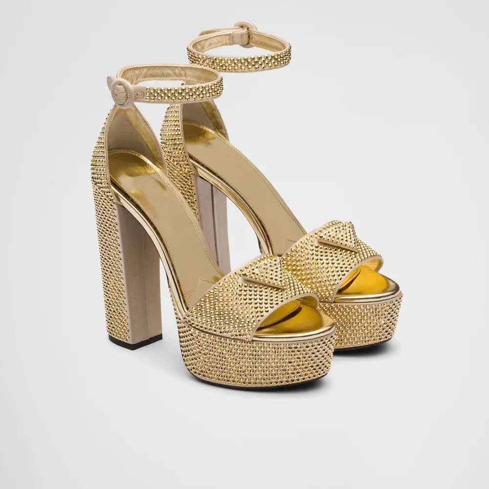 

Satin Platform Sandals With Crystals Platinum High-heeled Studded Logo Ankle-strap Shoes