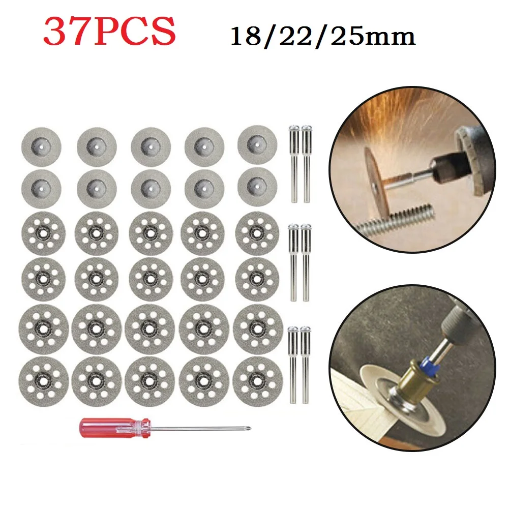 37pcs Diamond Cutting Disc 3mm Mandrel Shank Set Circular Saw Blade 18/22/25mm For Grinder  Rotary Tool Mandrel Cutting Tool