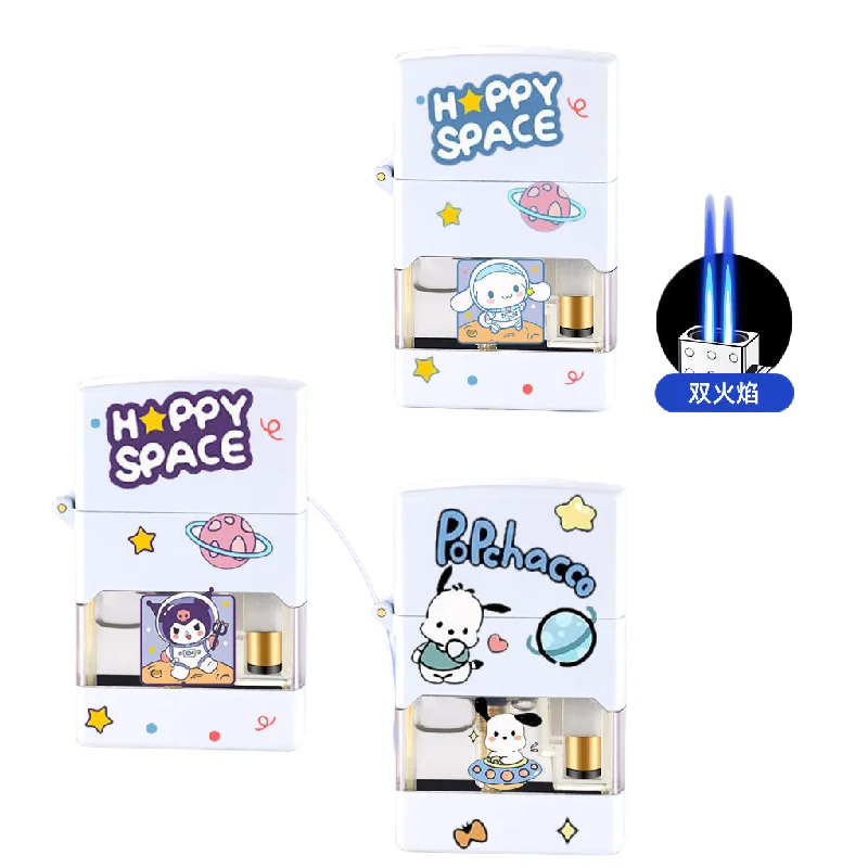 

Kuromi Kawaii windproof lighter Cinnamoroll creative double straight flush with visible gas tank high-value lighter forboyfriend