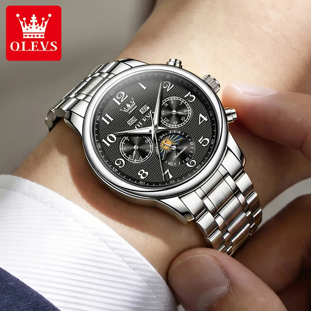 Фото Мужские часы OLEVS 7126 New Moon Phase, модные, с цифровым циферблатом, многофункциональные, с вечным календарем, автоматические, механические. №3