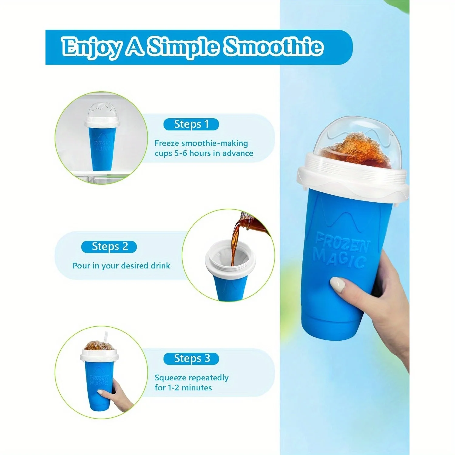 Фото TFS Slushie Clay Made Frozen Magic Squeeze Cup, Изготовление сока, Молока, Йогурта, Мороженого, Охлаждающая чашка для смузи своими руками с соломинкой на крышке, №5