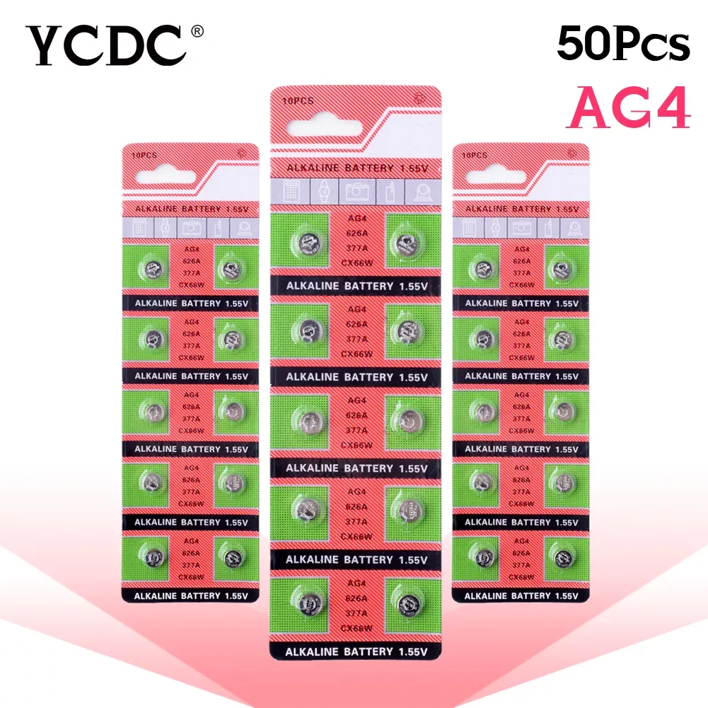 

YCDC Button Battery 50pcs 1.55V AG4 LR 626 Alkaline 377A 377 LR66 LR626 SR626SW SR66 AG 4 For Watch Clock Toys Remote Control