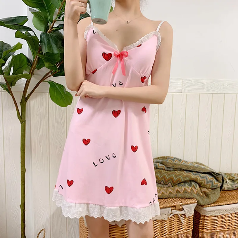 Summer New Women's Nightdress Suspenders Sexy V-neck Thin with Chest Pad Home Service Sleepwear Women Nightwear Sleep Tops