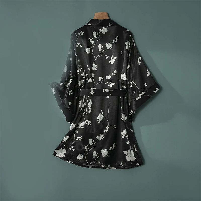 AIIOU Ice Silk Women Sexy Robe Kimono Black Flower Print Nightgown Bathrobe Home Costume Pajamas Sleepwear with Panties |