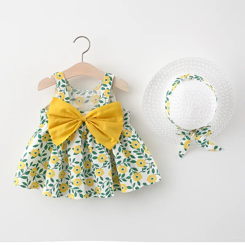 2pcs Summer Baby Girls Beach Princess Dress Cute Bow Flowers Sleeveless Cotton Toddler Dresses+Sunhat Newborn Clothing Set images - 6
