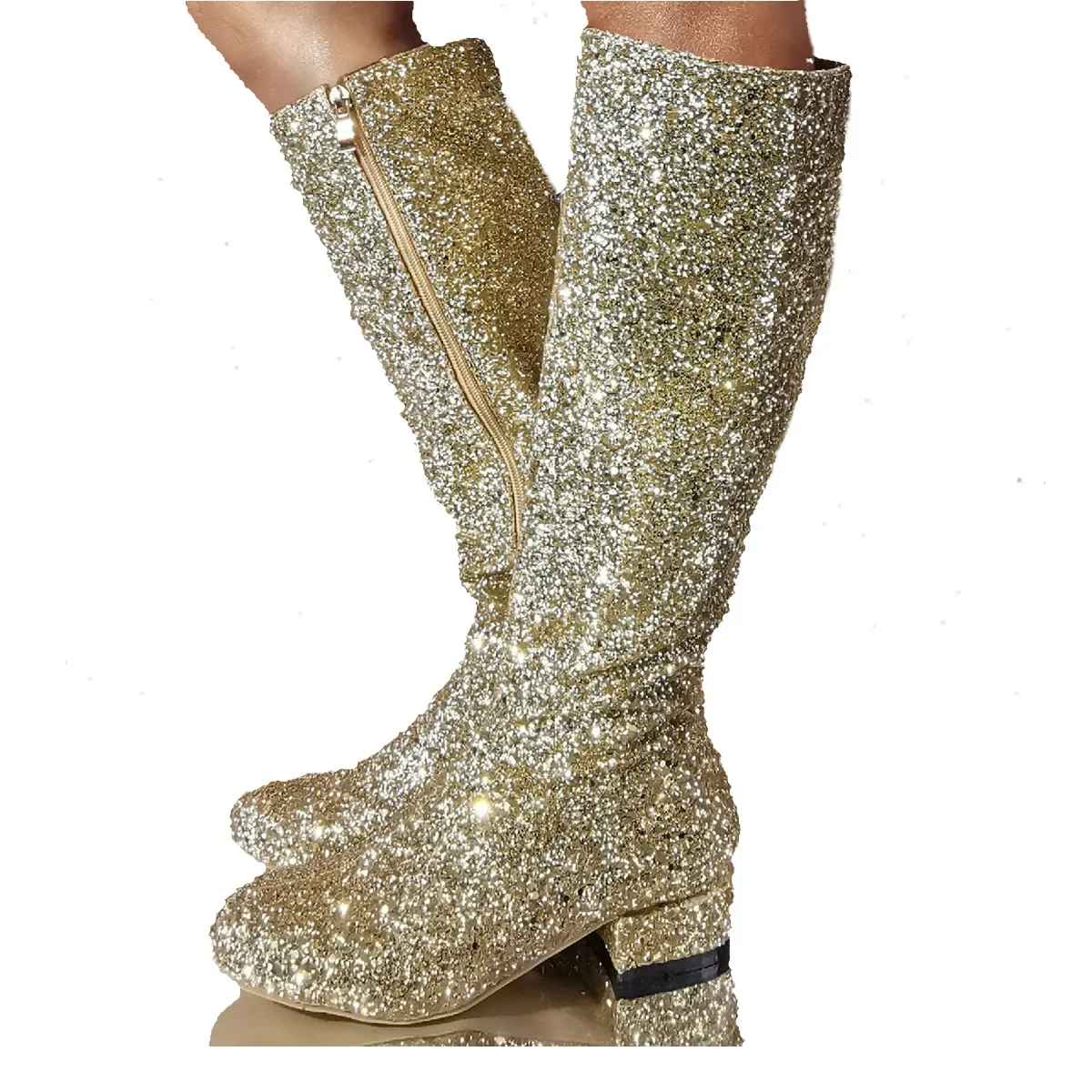 Великолепные блестящие ботинки с пайетками круглой головкой и молнией на низком