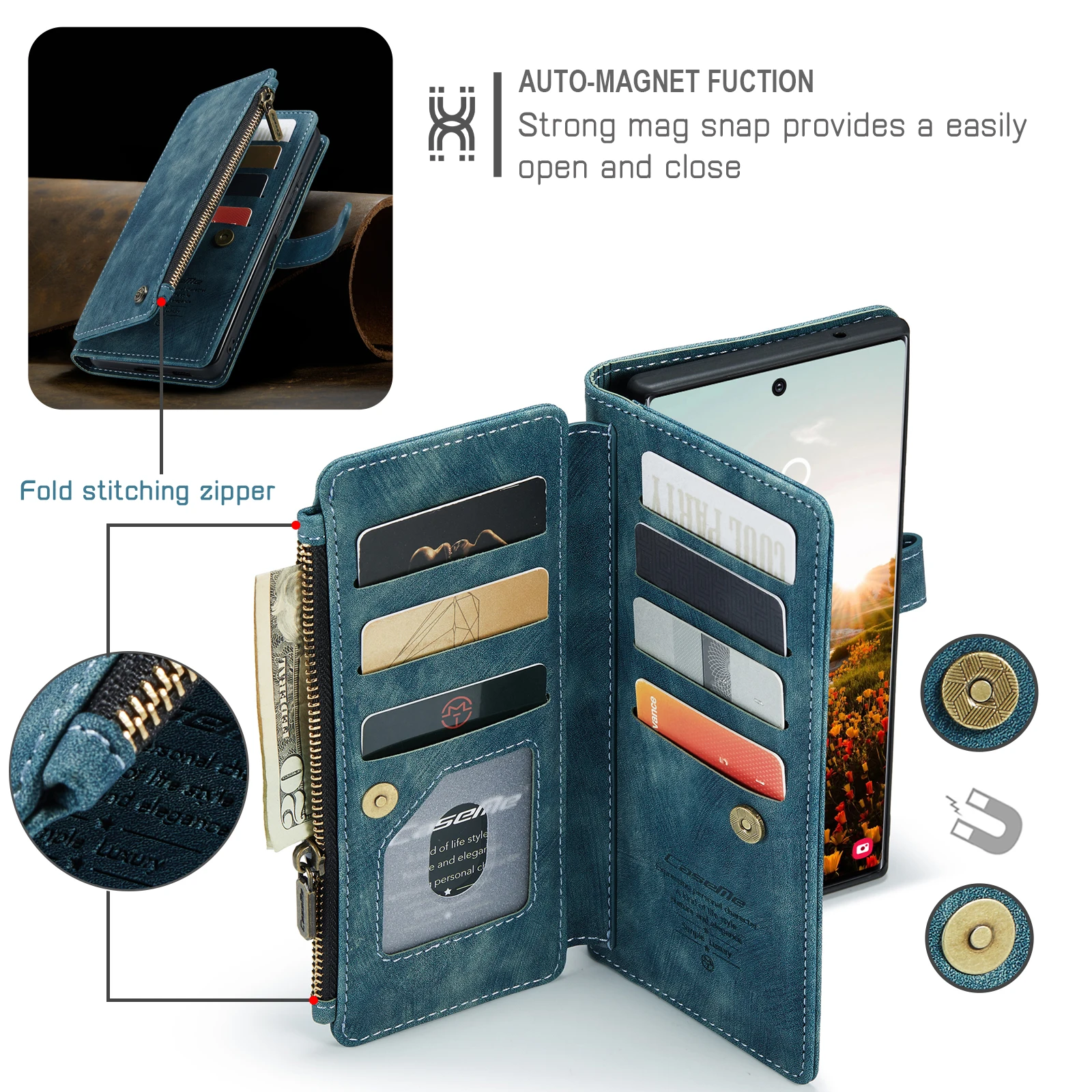for Samsung Galaxy S22 Ultra CaseMe Leather Case For Galaxy S22 Ultra S22+ 5G Zipper Wallet 2 In1 Design Card Slots Phone Cover
