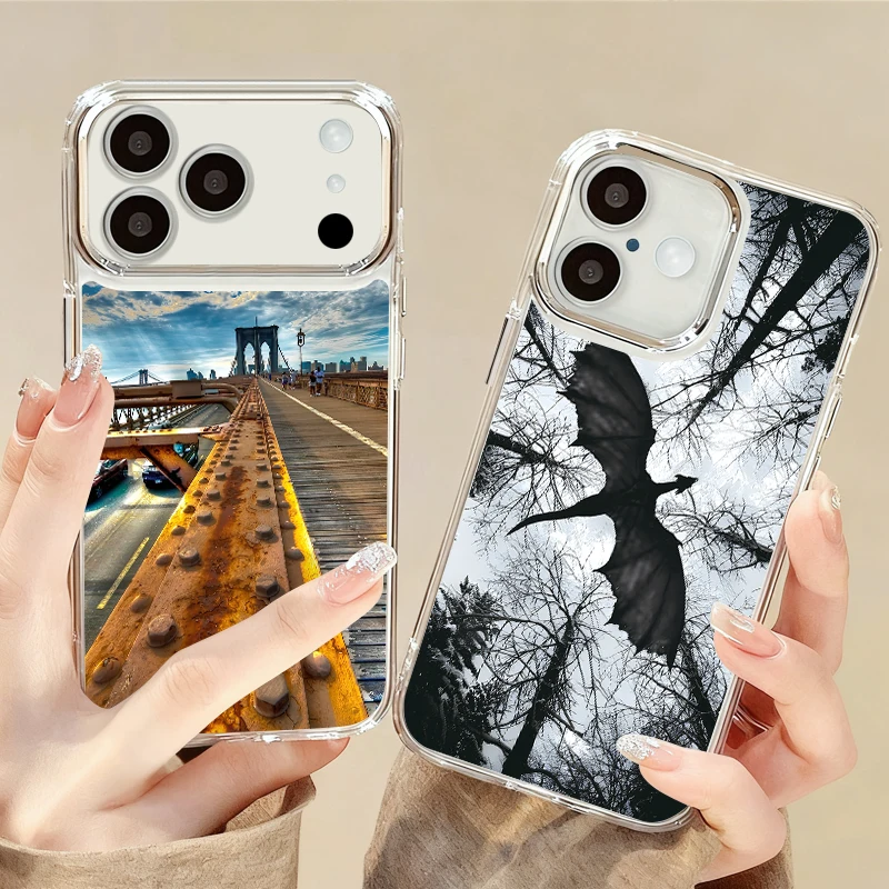 Фото Прозрачный чехол для телефона с рисунком пейзажной живописи для iPhone 17e 17 Pro Max 16 15 14 13 Pro Max 16e с рамкой для объектива и покрытием, задняя крышка из ТПУ. №2