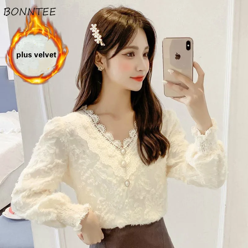 Рубашки женские удобные универсальные с V-образным вырезом и рукавами-фонариками