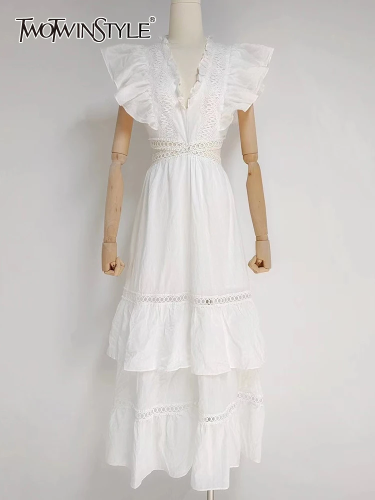 

TWOTWINSTYLE Cut Out Dress For Women V Neck Butterfly Sleeve High Waist Solid Loose Midi Dresses Female Summer Clothes Style New