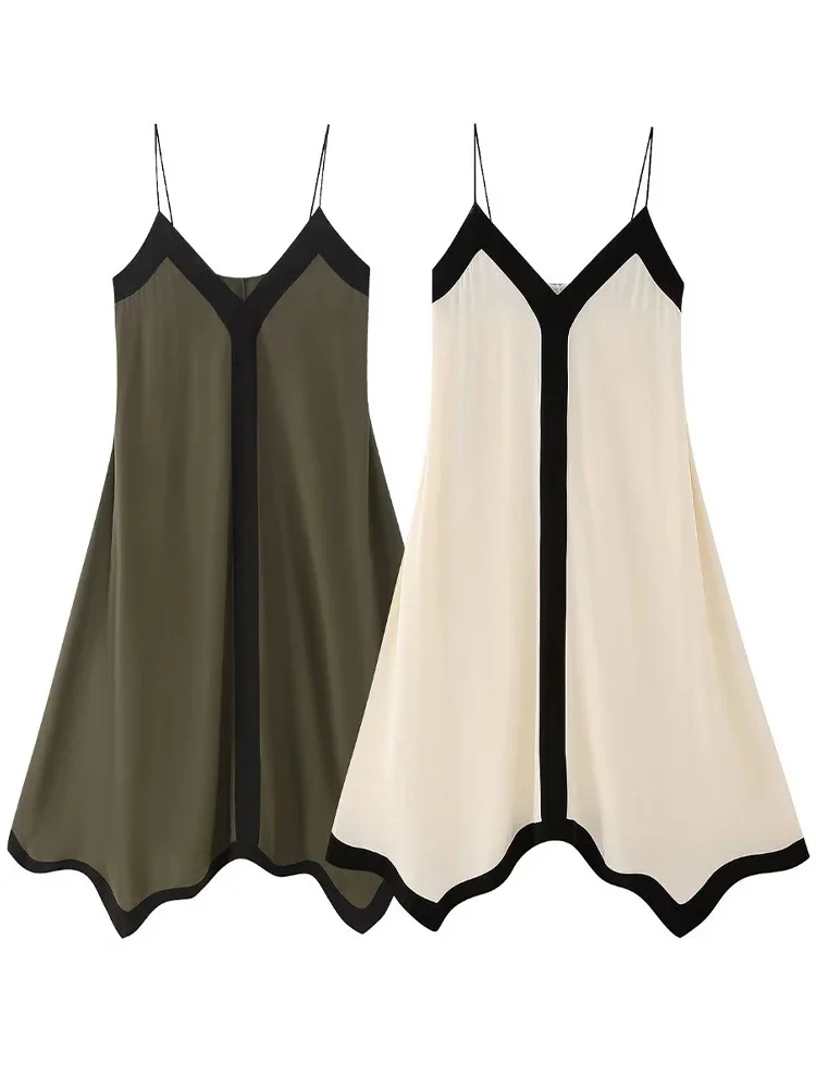 

Willshela Women Fashion Patchwork Backless Loose Midi Dress Vintage Thin Straps V-Neck Female Chic Lady Dresses