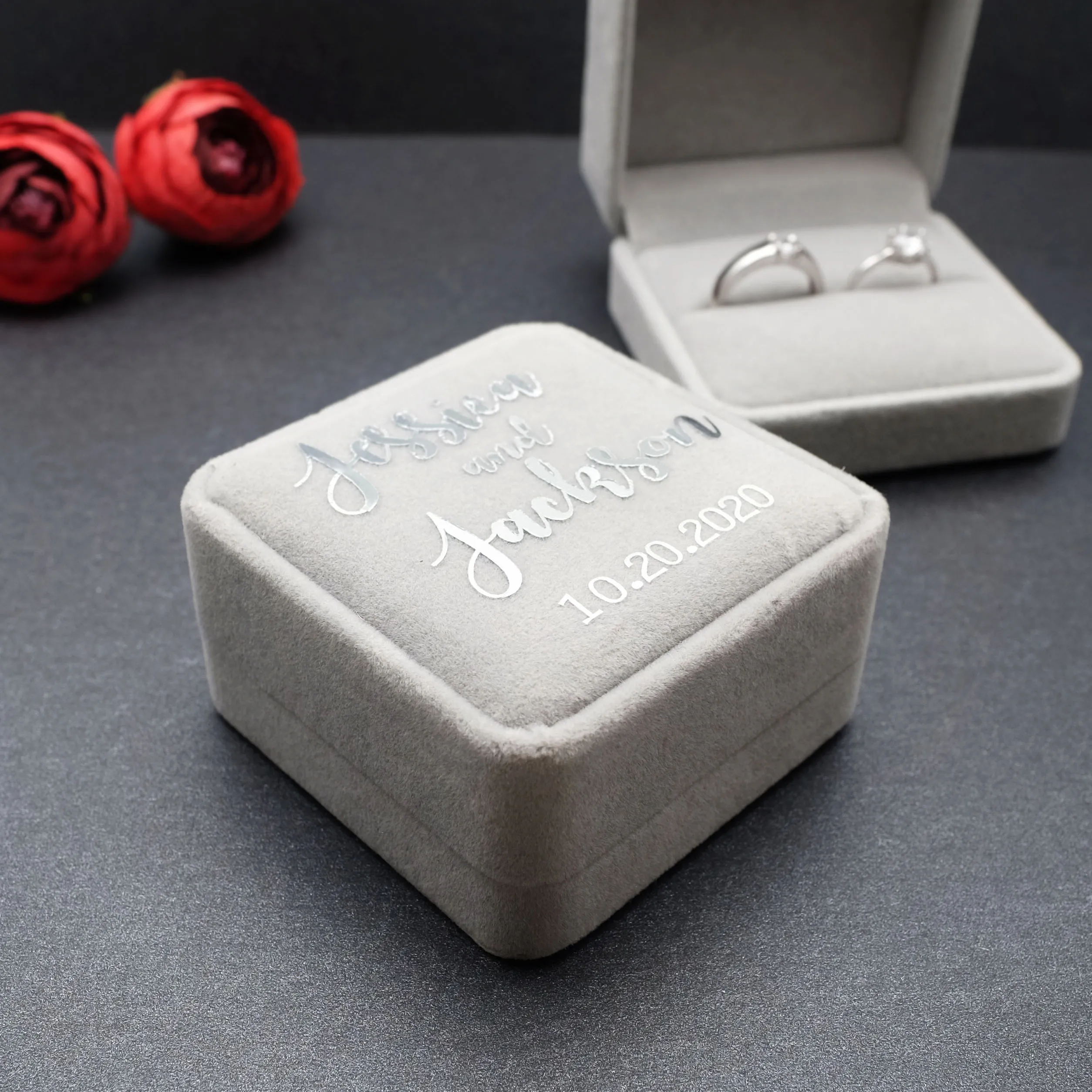 

Personalized Wedding Ring Box Velvet Rings Holder Custom Ring Bearer Gray Color Engagement Wedding Wedding Jewelry Display Box