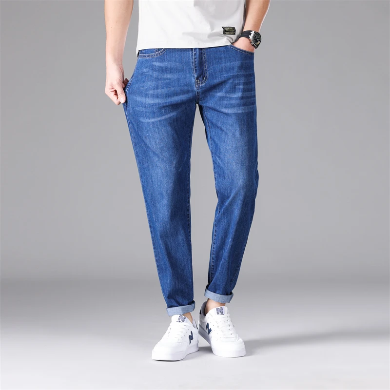 Straight Pants Men's New Summer Jeans Men Elastic Slim Fit Small Straight Casual Pants Men's Simple Fashion Business Jeans