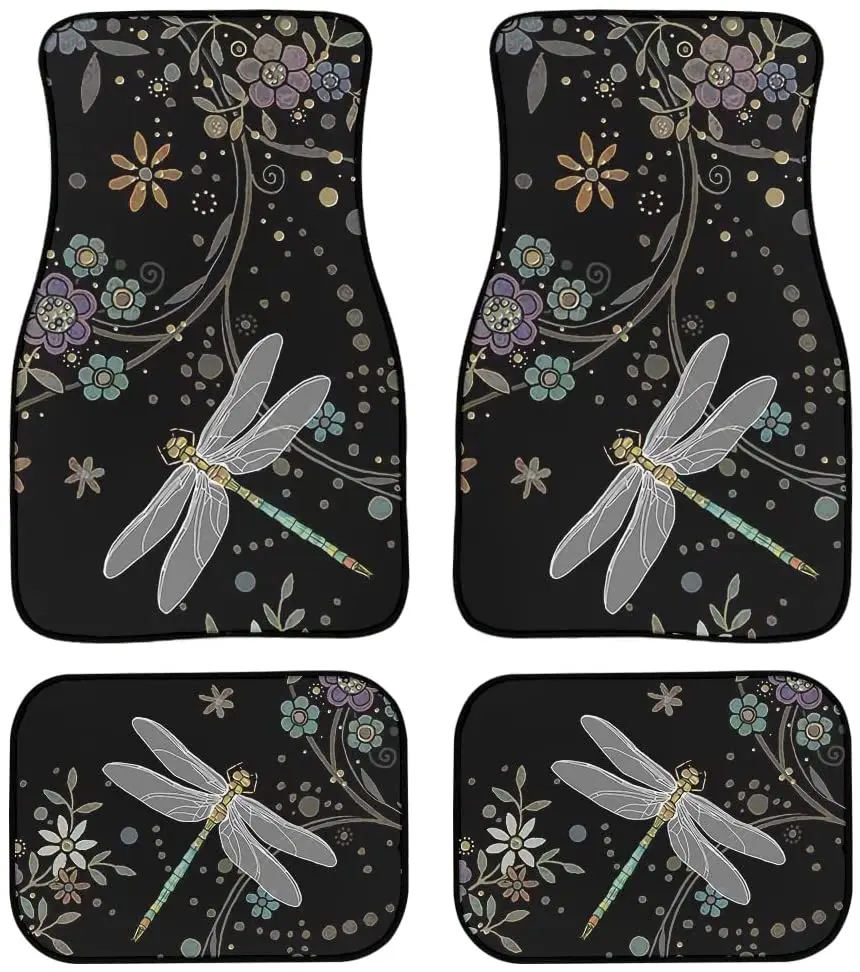 

Kuiaobaty Floral Dragonfly Print Car Floor Mat Vintage Black Carpet Anti-Slip Rubber Mat Pack of 4 Auto Accessiores for Car SUV