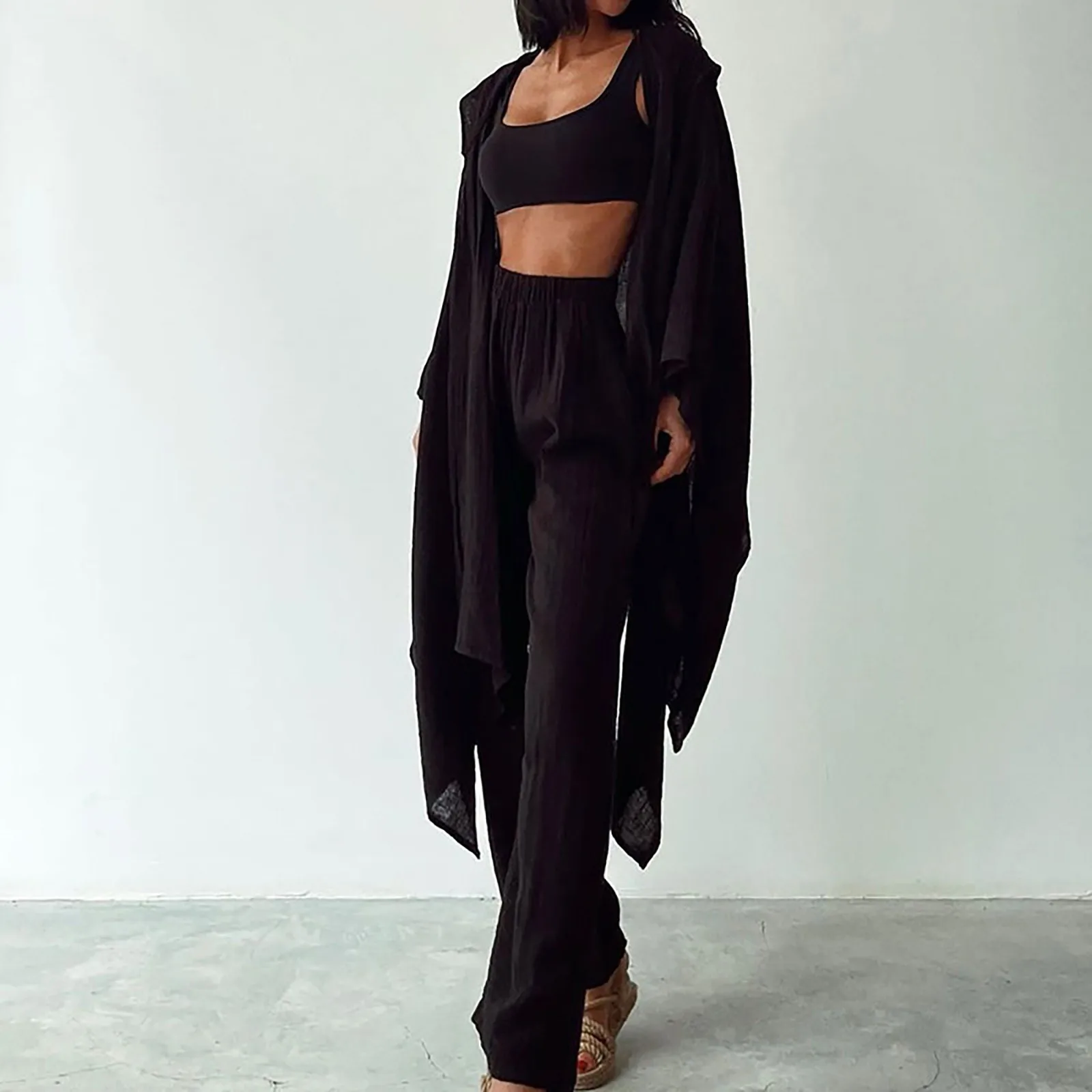 Богемный льняной комплект из двух предметов с длинным рукавом для женщин