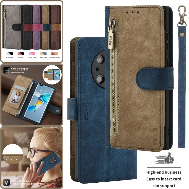 Кожаный чехол-кошелек на молнии для телефона Huawei P60 P50 Pro P40 Lite Plus Mate 60 50 40 30 Honor 90 80 70