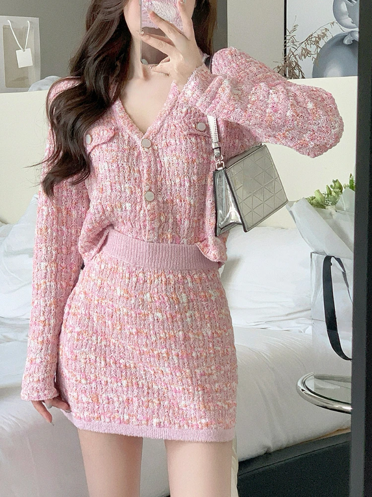 

2 Piece Dress Set Sweet Cardigan Sweater + Slim Skirt Pink Elegant Y2k Mini Dress Office Lady Casual Knitted Suits 2022 Autumn
