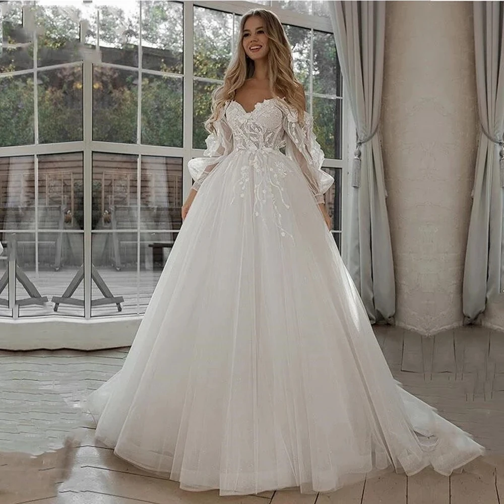 

Boho Bride Gowns Off The Shoulder Puff Sleeve Sweetheart Applique Backless Wedding Dresses Sweep Train A-Line Vestido De Noiva