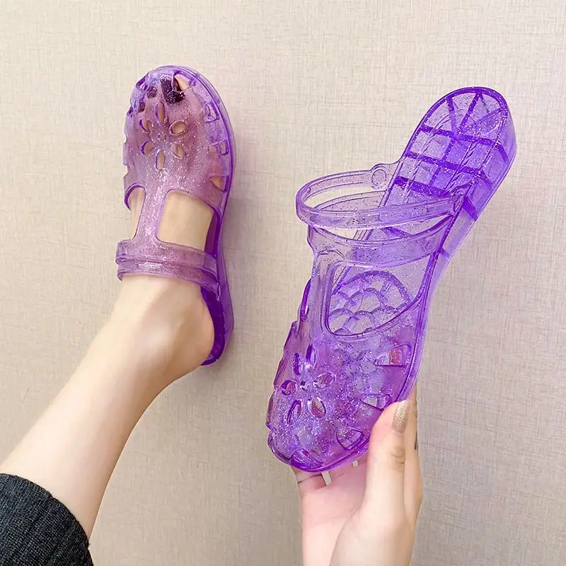 Transparent Jelly Slippers Women Wedge Crystal Slides Home Purple Closed Toe Sandalias Mom Fashion Outdoor Beach Footwear