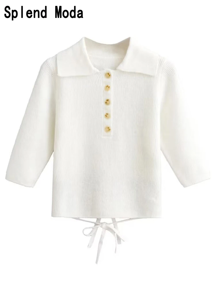 

2023 Women New Autumn Fashion Sweet Waist Cutout Knitted Pullover Square Collar Slim Sweater Chic Half Sleeve Short Jumpers TRAF