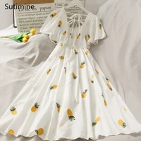 new summer high waist long pineapple print beautiful back big swing dress slim student fashion lace up korean dress female