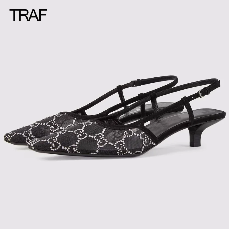 

TRAF Summer 2023 Women Heels Luxury Kitten Heel Office Slingback Rhinestone High heels Woman Pumps Wedding Modern Designer Heels