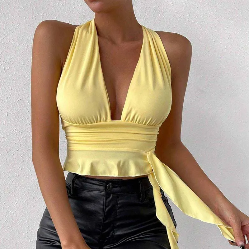 Женский пикантный облегающий топ с глубоким V-образным вырезом плиссированный