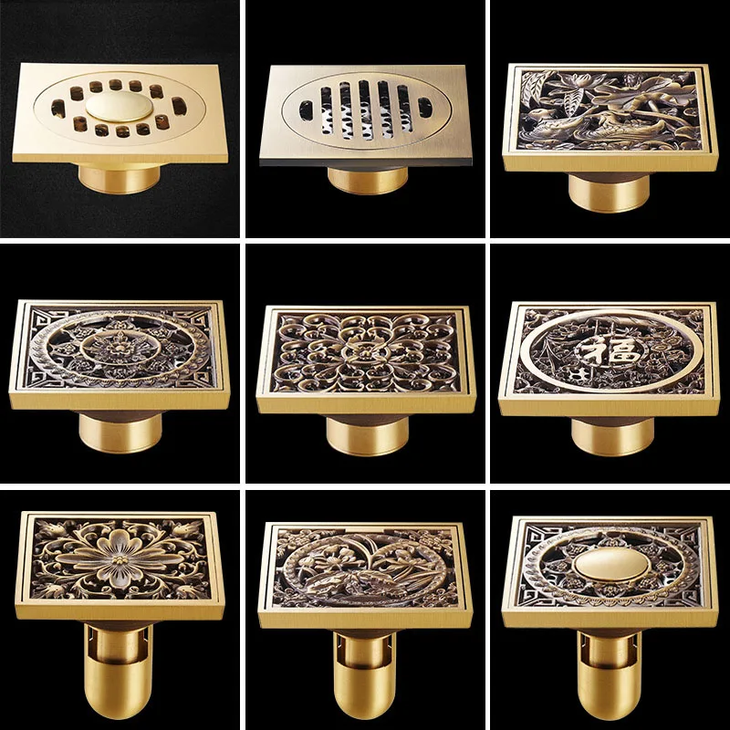 

10*10cm Square Antique Brass Art Carved Bath Drains Shower Drains Strainer Hair Bathroom Floor Drain Waste Grate Drain