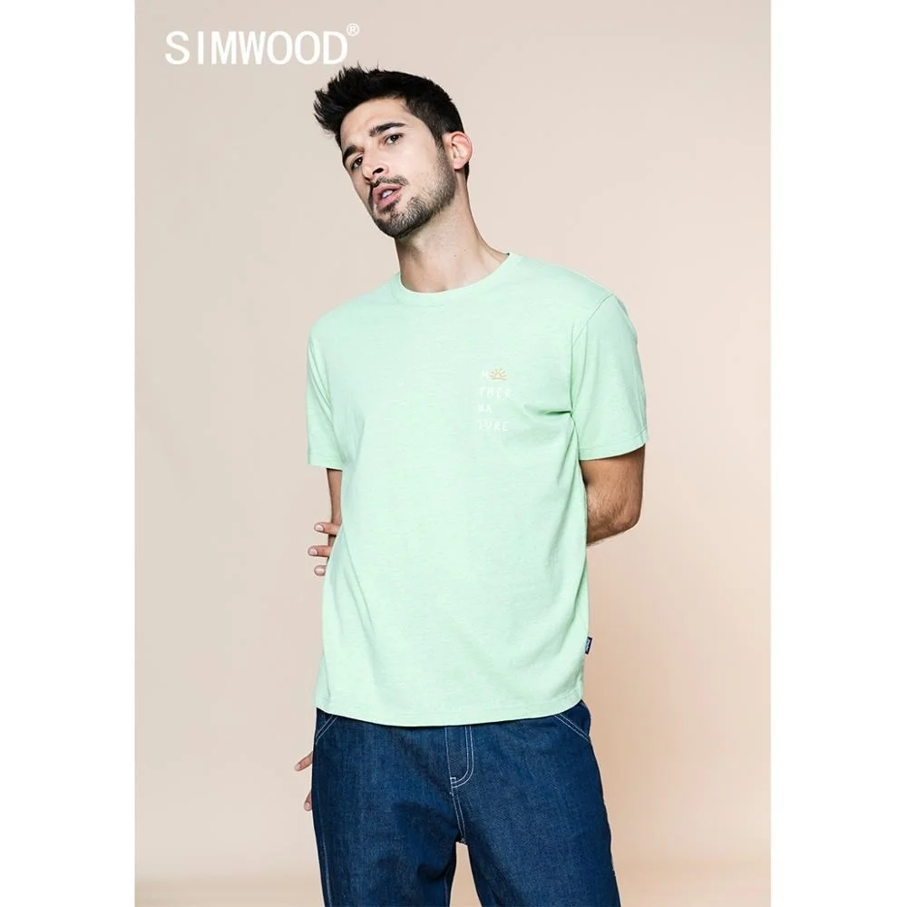 

SIMWOOD 2023 summer new t-shirt men letter print soft 210g 100% cotton top comfortable breathable tee plus size brand clothing