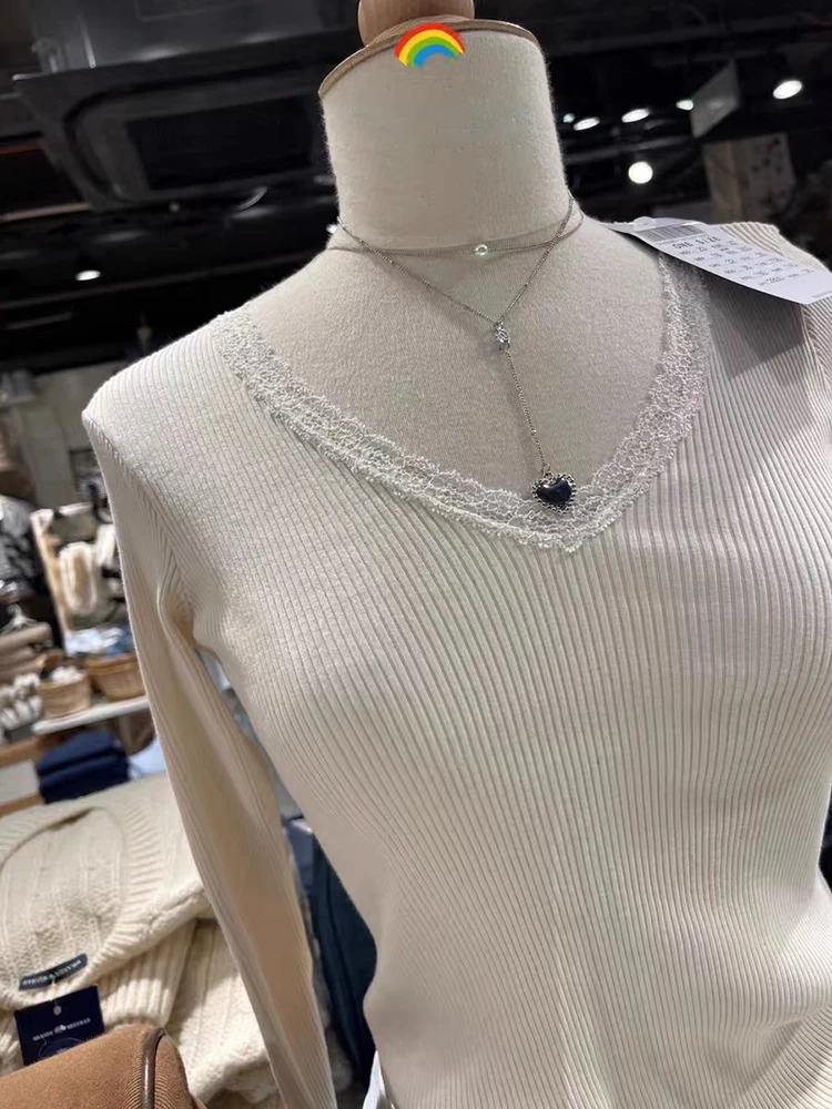 z koronkowym wykończeniem i długim rękawem dla kobiet Nowa jesienna bawełniana koszulka dekoltem w szpic Vintage Solid Sweet T-shirt Odzież Y2k