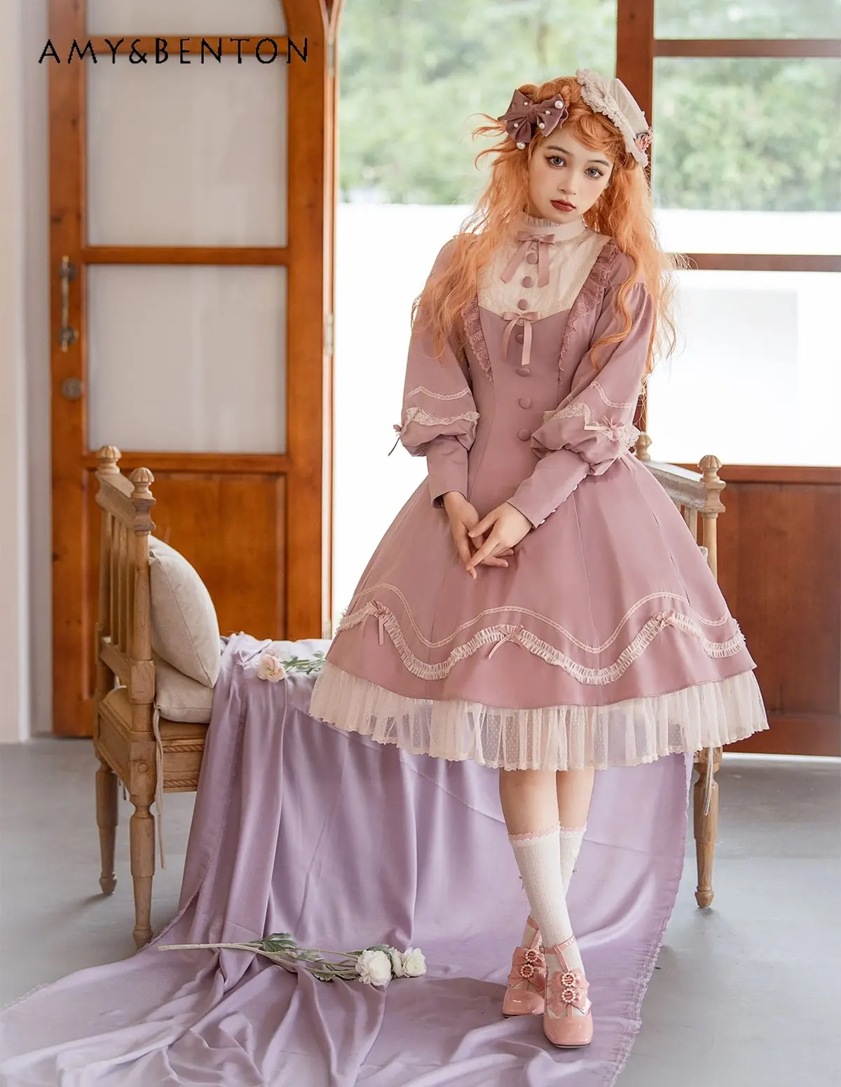 

Lolita Bow Lace Stringy Selvedge Long Sleeve Dress Women's High Waist Japanese Style Dress Female Cute Rojita Dress