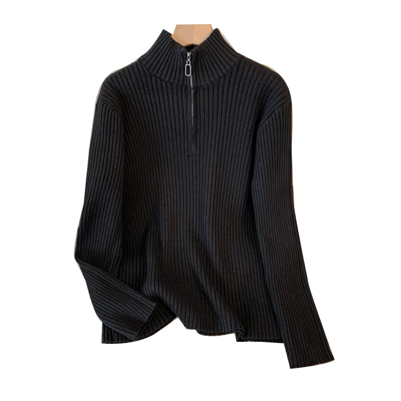 Женский вязаный свитер с воротником средней высоты на молнии утепленный длинным