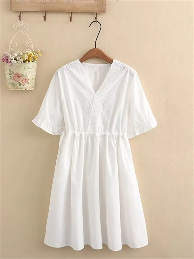 

Plus Size Women's Clothing Frocks V-Neck Dress With Short Sleeves Plain Knee-Length Skirt With Drawstring Waistband Summer Dress