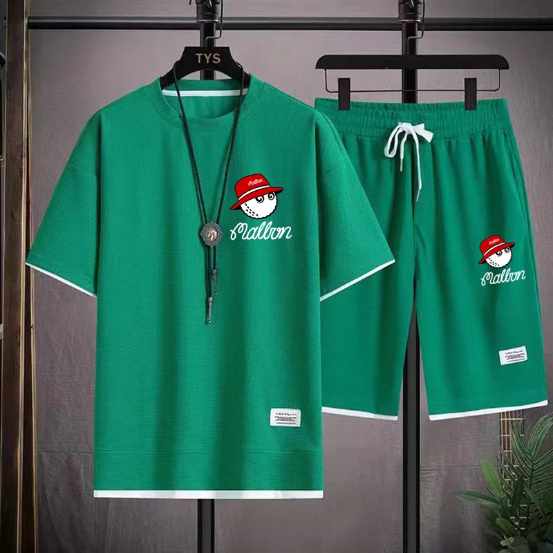 

Summer Men's 2-Piece T-shirt Top+Shorts Sportswear Fashion Malbon Printing Loose Harajuku Style Street Apparel Casual Golf Set