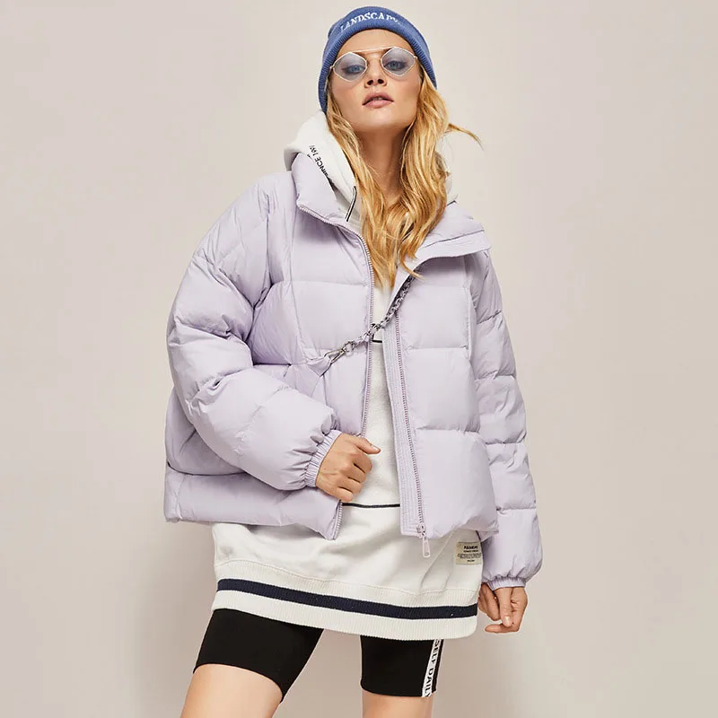Short Down Jacket Women Winter Loose Basic Metal Chain All-match Girl Jackets Cold Resistance Durable White Duck Bread Soft Coat