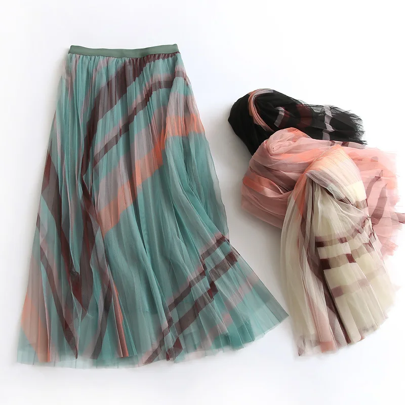 

TFETTERS Woman Skirts Elastic Waist Pleated Skirt Mesh Skirt Spring New 2023 Korean Fashion Casual Joker Tulle Skirts for Women