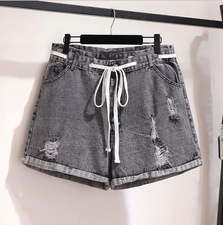 Women's Shorts Women Summer Plus Size Loose Denim Jeans Sexy Ripped Hole Strings Girl Casual Short Grey