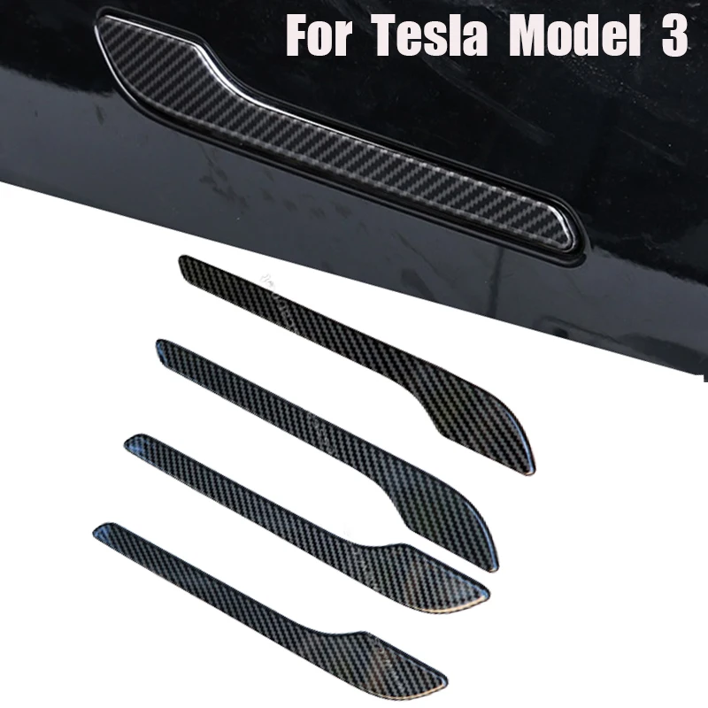 

4 шт. защитная полоса для края боковой двери автомобиля, патч для ручки, крышка дверной ручки для Tesla Model 3, автомобильные аксессуары из углеро...