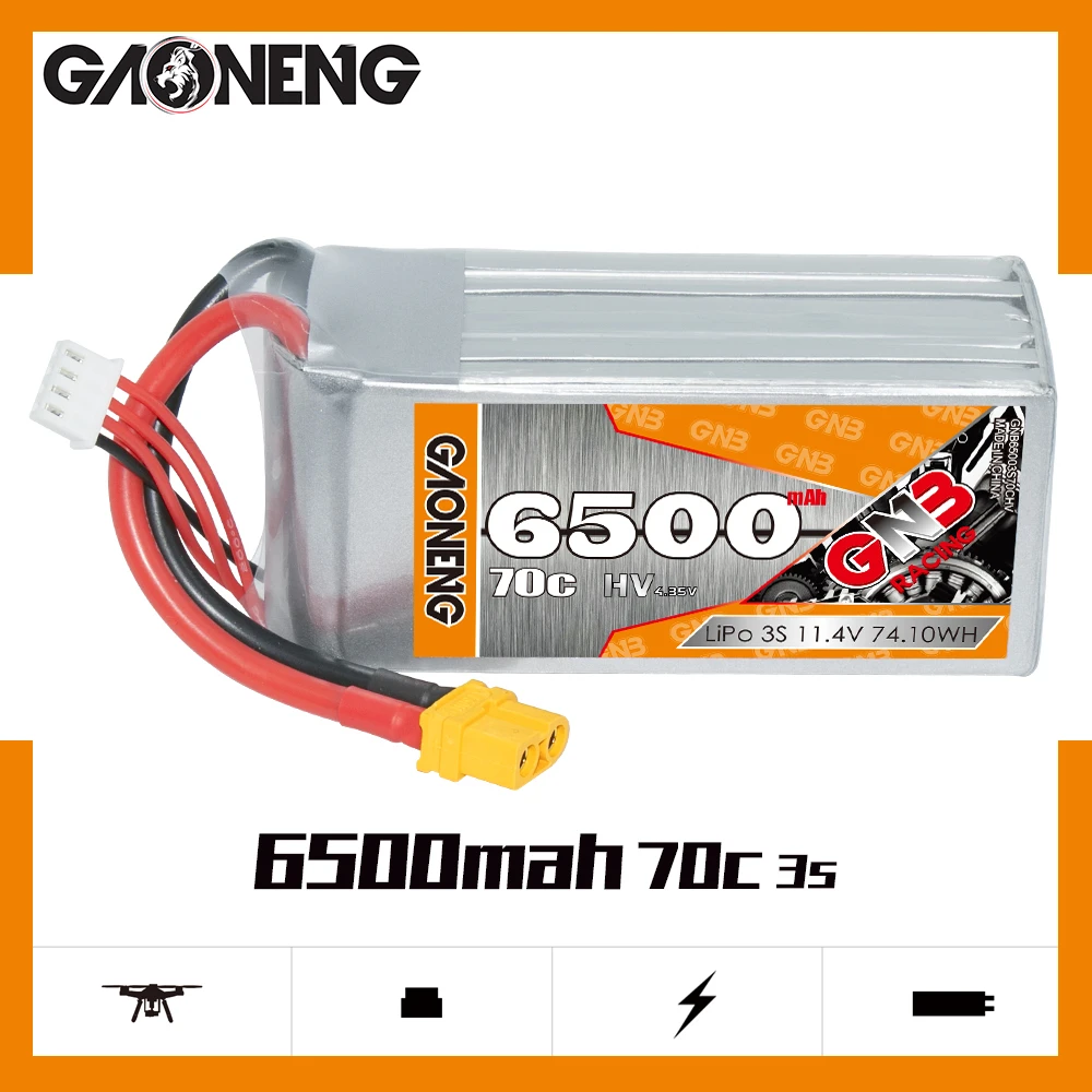 

Аккумулятор GAONENG GNB, 6500 мАч, 3S2P, 11,4 в, 70C, HV, с разъемом XT90S, EC5, XT60