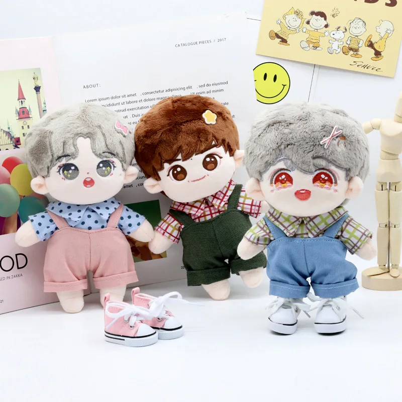 

2pcs Set 20cm Plush Doll's Clothes CoolPlaid Shirt +strap Pants Cotton Stuffed Baby Dolls Accessories Outfit for Doll Handmade